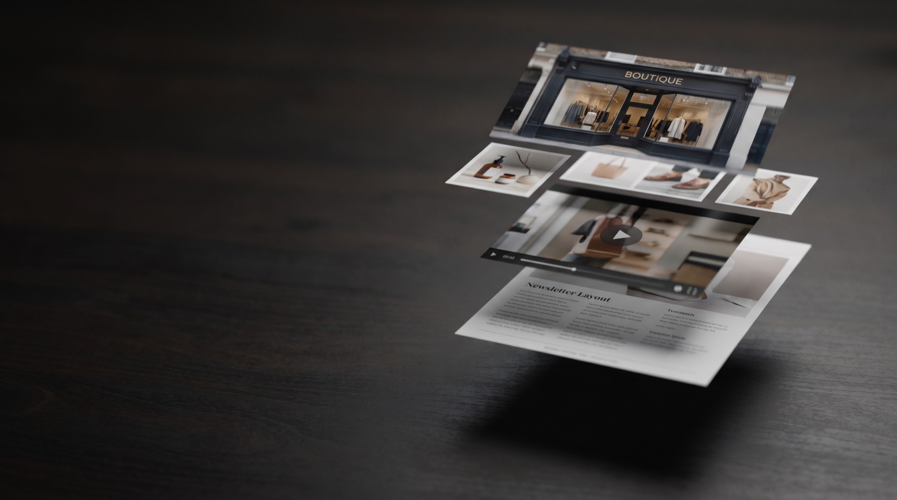 Work assembling itself in mid-air: a storefront banner, product shots, a video frame, a newsletter draft.